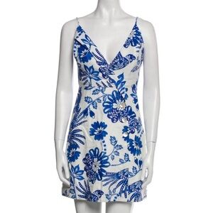 FARM Rio 100% Linen Blue & White Floral Wrap Mini Dress – Size Small